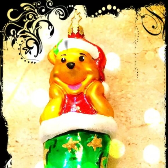 Authentic Christopher Radko Disney WINNIE THE POOH Green Stocking Glass Ornament - Picture 4 of 7